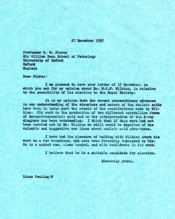 Letter from Linus Pauling to H.W. Florey. Page 1. December 27, 1956