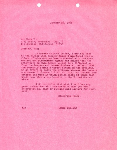 Letter from Linus Pauling to Mark Fox. Page 1. January 28, 1966