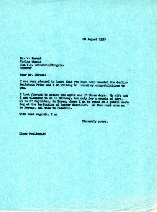 Letter from Linus Pauling to W. Forest. Page 1. August 20, 1958