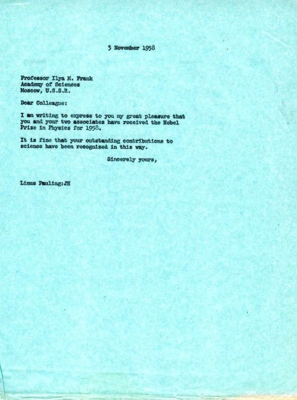Letter from Linus Pauling to Ilya M. Frank. Page 1. November 5, 1958