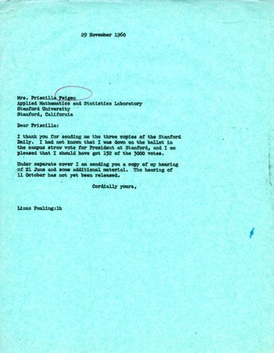 Letter from Linus Pauling to Priscilla Feigen. Page 1. November 29, 1960