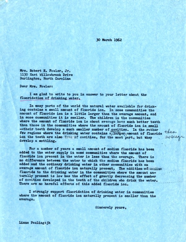 Letter from Linus Pauling to Mrs. Robert H. Fowler, Jr. Page 1. March 30, 1962