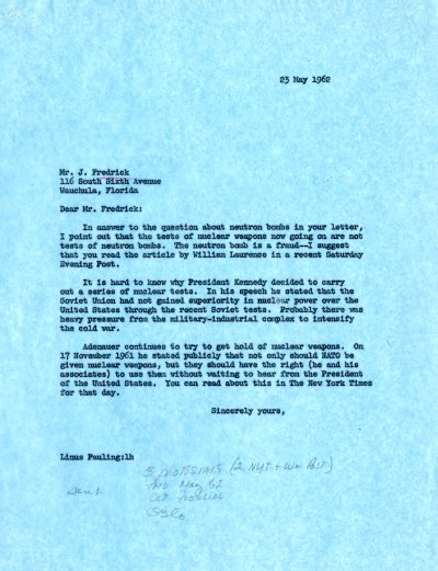 Letter from Linus Pauling to J. Frederick. Page 1. May 23, 1962
