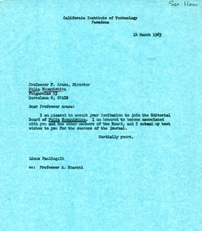 Letter from Linus Pauling to F. Arasa. Page 1. March 14, 1963