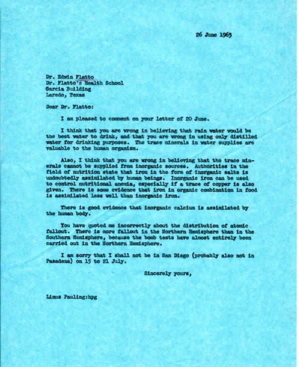 Letter from Linus Pauling to Edwin Flatto. Page 1. June 26, 1963