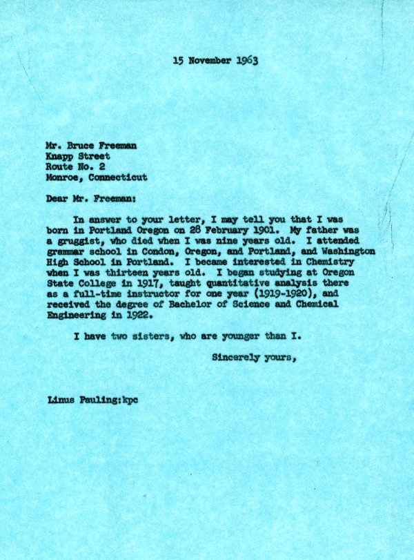 Letter from Linus Pauling to Bruce Freeman. Page 1. November 15, 1963