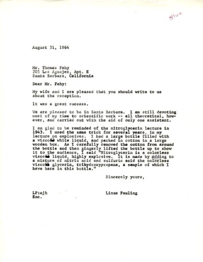 Letter from Linus Pauling to Thomas Fahy. Page 1. August 31, 1964