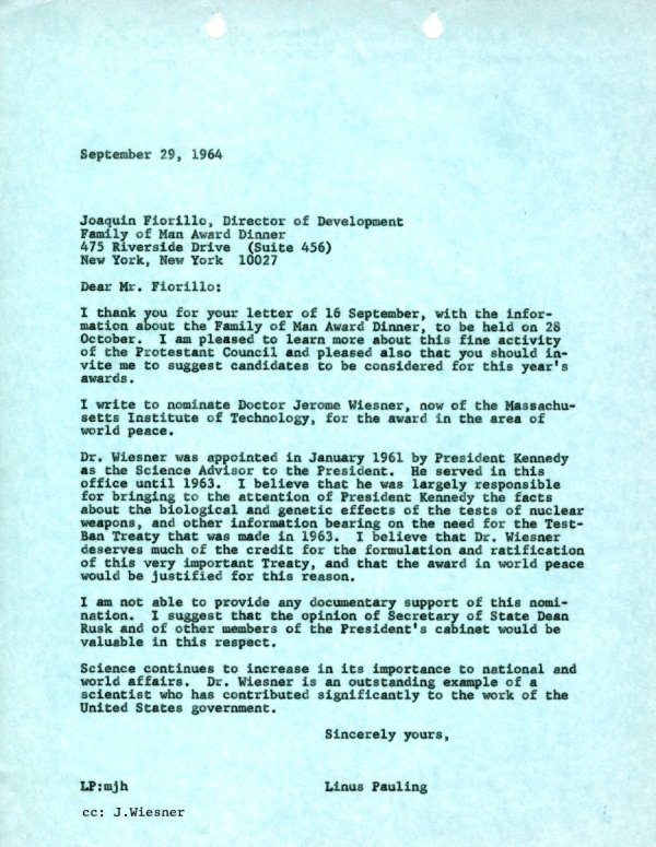 Letter from Linus Pauling to Joaquin Fiorillo. Page 1. September 29, 1964