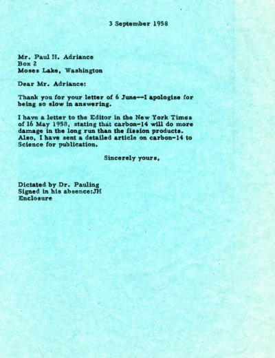 Letter from Linus Pauling to Paul H. Adriance Page 1. September 3, 1958