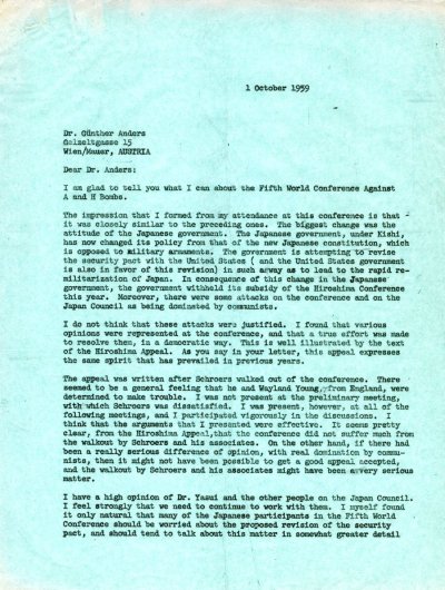 Letter from Linus Pauling to Günther Anders. Page 1. October 1, 1959