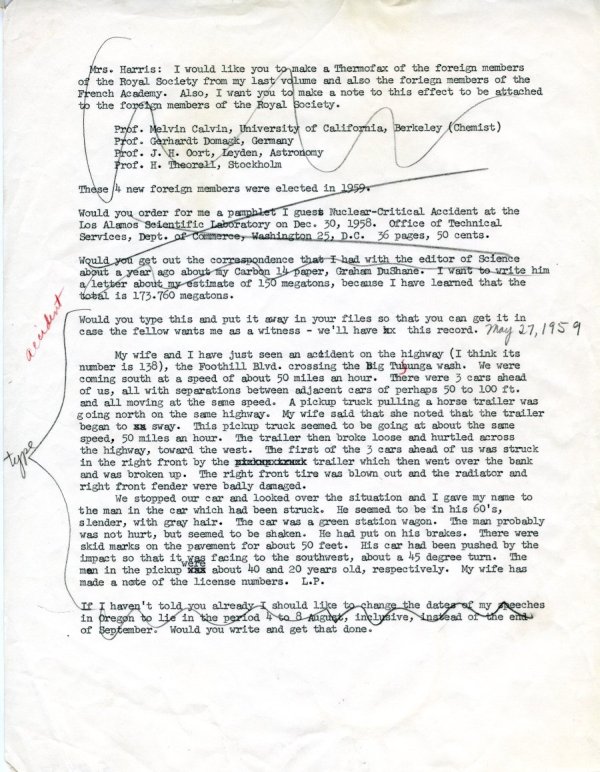 Letter from Linus Pauling to Joan Harris. Page 1. May 27, 1959