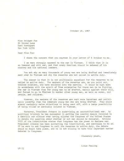 Letter from Linus Pauling to Bridget Fox. Page 1. October 16, 1967
