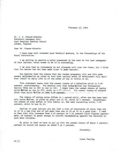 Letter from Linus Pauling to J. A. Fraser-Roberts. Page 1. February 10, 1969