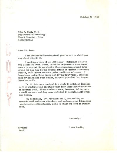Letter from Linus Pauling to John A. Fust. Page 1. October 24, 1969
