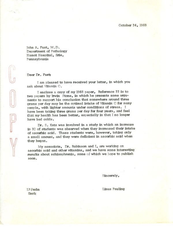 Letter from Linus Pauling to John A. Fust. Page 1. October 24, 1969