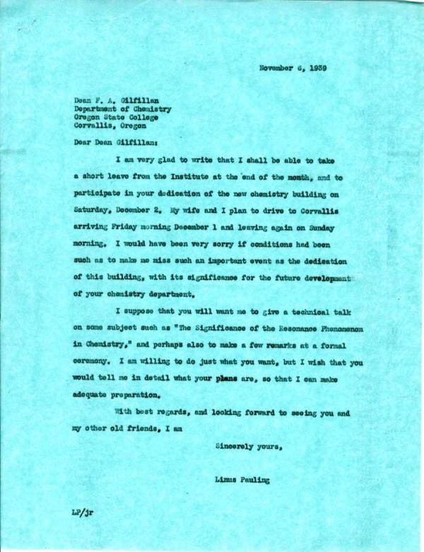Letter from Linus Pauling to F.A. Gilfillan. Page 1. November 6, 1939