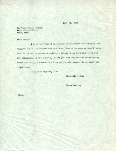 Letter from Linus Pauling to Henry Gilman. Page 1. July 30, 1936