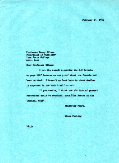 Letter from Linus Pauling to Henry Gilman. Page 1. February 14, 1941