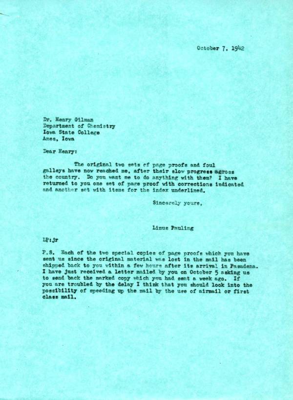 Letter from Linus Pauling to Henry Gilman. Page 1. October 7, 1942