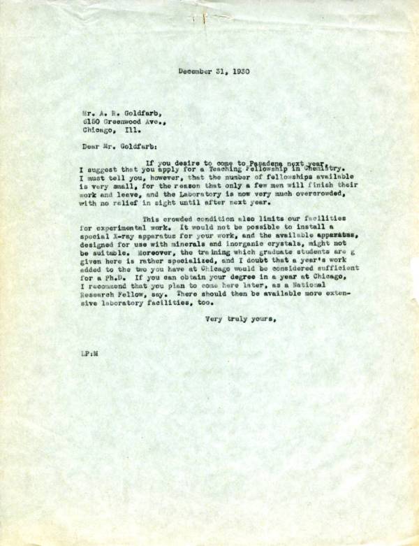 Letter from Linus Pauling to A.R. Goldfarb. Page 1. December 31, 1930