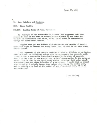 Memoranda from Linus Pauling to Lauro Galzigna and Arthur Robinson. Page 1. March 27, 1968