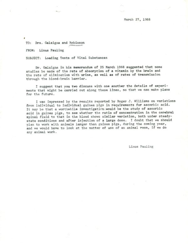 Memoranda from Linus Pauling to Lauro Galzigna and Arthur Robinson. Page 1. March 27, 1968