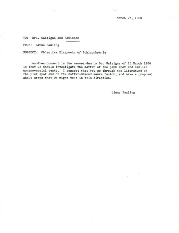 Memoranda from Linus Pauling to Lauro Galzigna and Arthur Robinson. Page 2. March 27, 1968