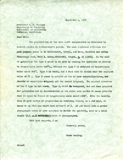 Letter from Linus Pauling to William Giauque. Page 1. September 1, 1937