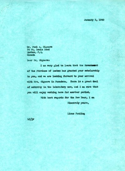 Letter from Linus Pauling to Paul A. Giguere. Page 1. January 2, 1940