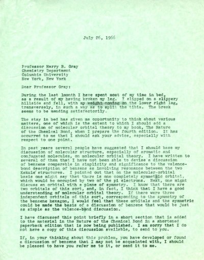 Letter from Linus Pauling to Harry Gray. Page 1. July 26, 1966