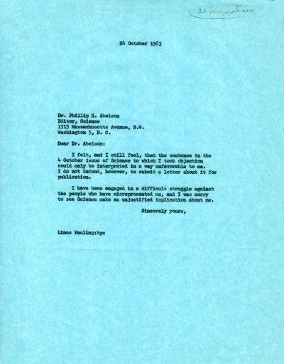 Letter from Linus Pauling to Phillip H. Abelson. Page 1. October 24, 1964