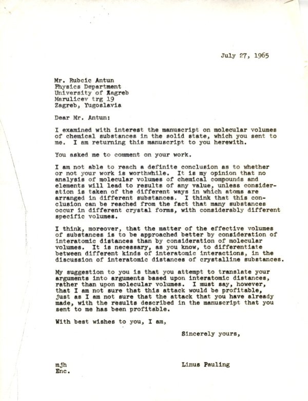 Letter from Linus Pauling to Rubcic Antun. Page 1. July 27, 1965