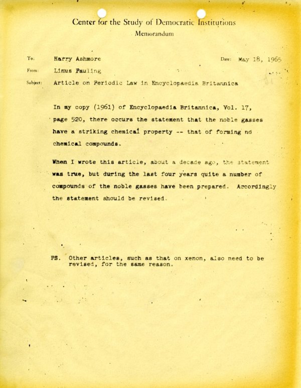 Memo from Linus Pauling to Harry Ashmore. Page 1. May 18, 1965