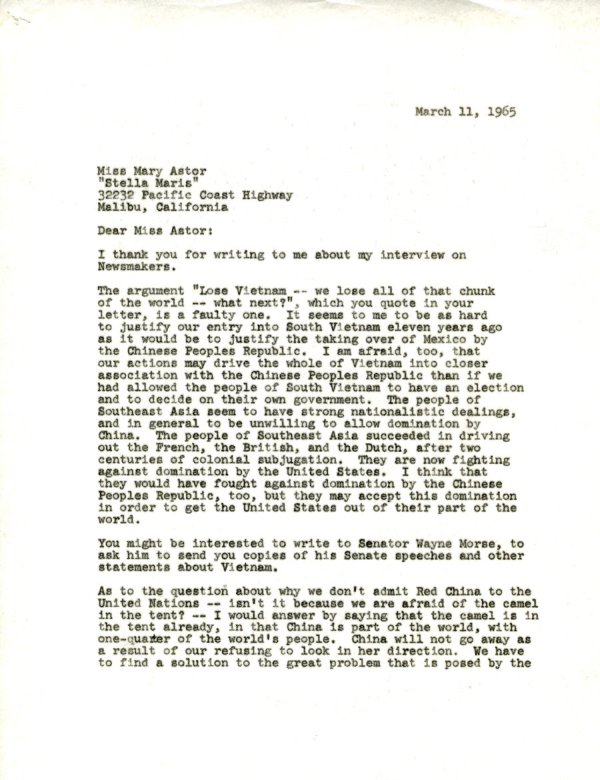 Letter from Linus Pauling to Mary Astor. Page 1. March 11, 1965