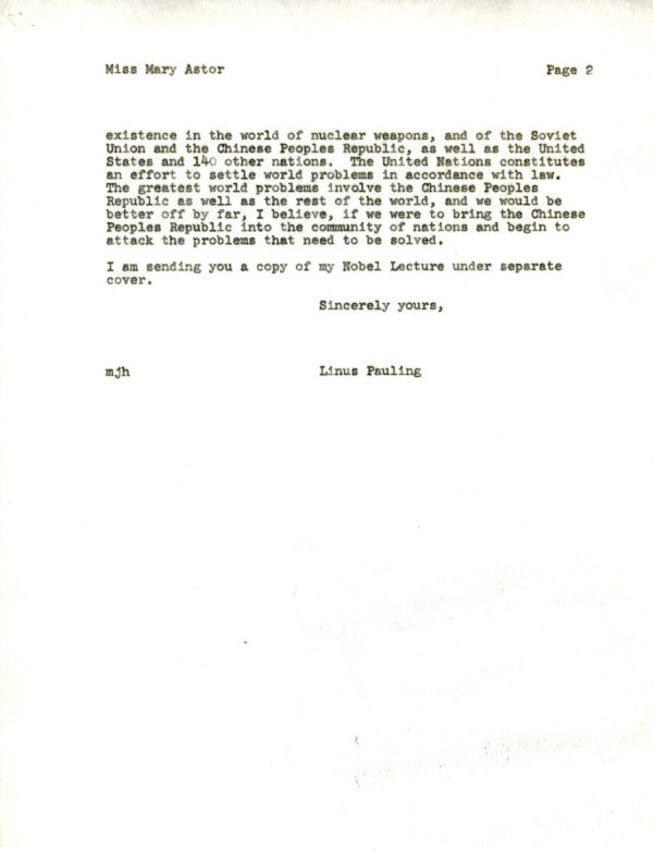 Letter from Linus Pauling to Mary Astor. Page 2. March 11, 1965