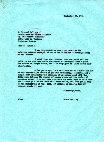 Letter from Linus Pauling to Fernand Gallais. Page 1. September 25, 1946