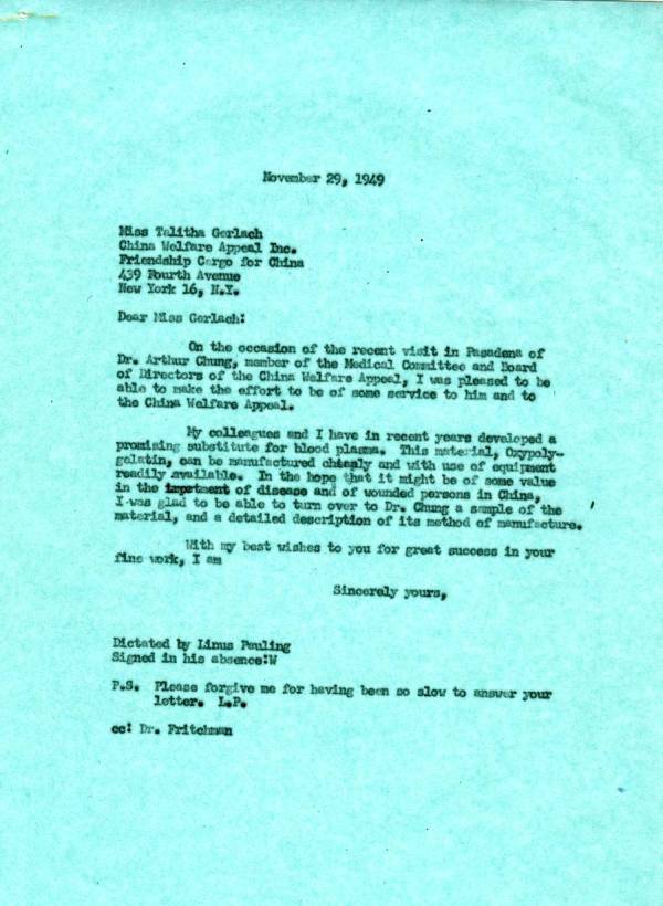 Letter from Linus Pauling to Talitha Gerlach. Page 1. November 29, 1949
