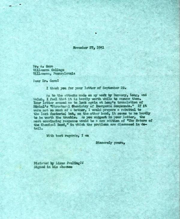 Letter from Linus Pauling to A. Gero. Page 1. November 27, 1951