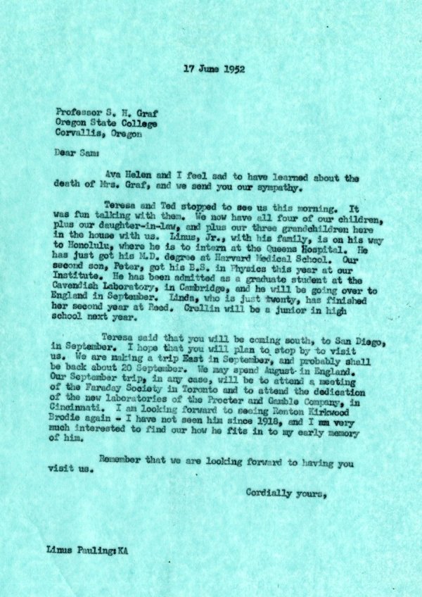Letter from Linus Pauling to Samuel H. Graf. Page 1. June 17, 1952