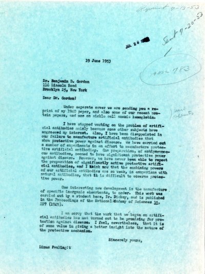Letter from Linus Pauling to Benjamin D. Gordon. Page 1. June 19, 1953