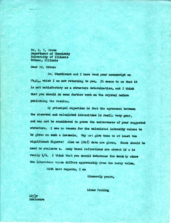 Letter from Linus Pauling to S.T. Gross. Page 1. December 5, 1939