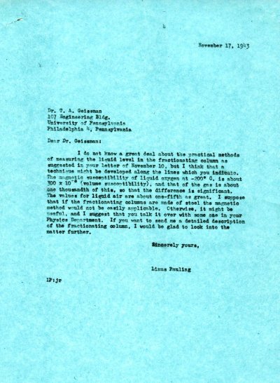 Letter from Linus Pauling to T.A. Giessman. Page 1. November 17, 1943