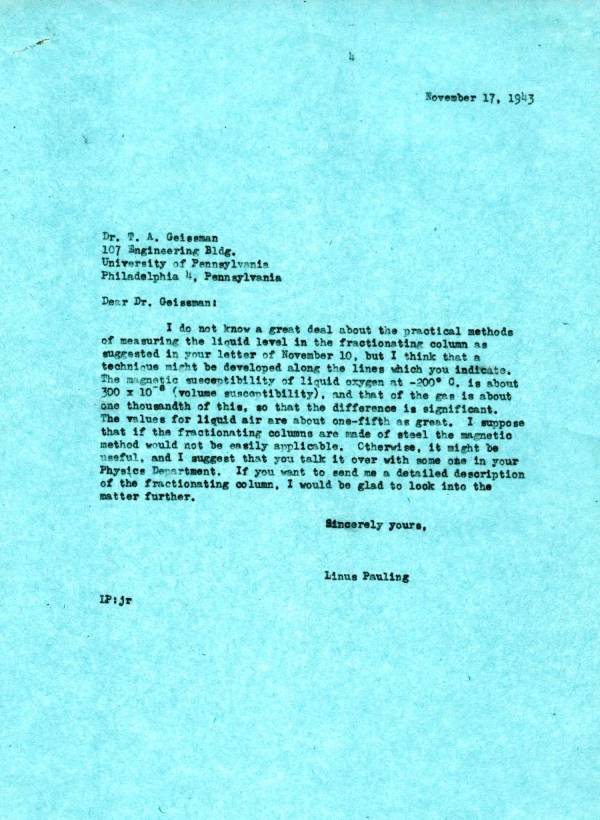 Letter from Linus Pauling to T.A. Giessman. Page 1. November 17, 1943