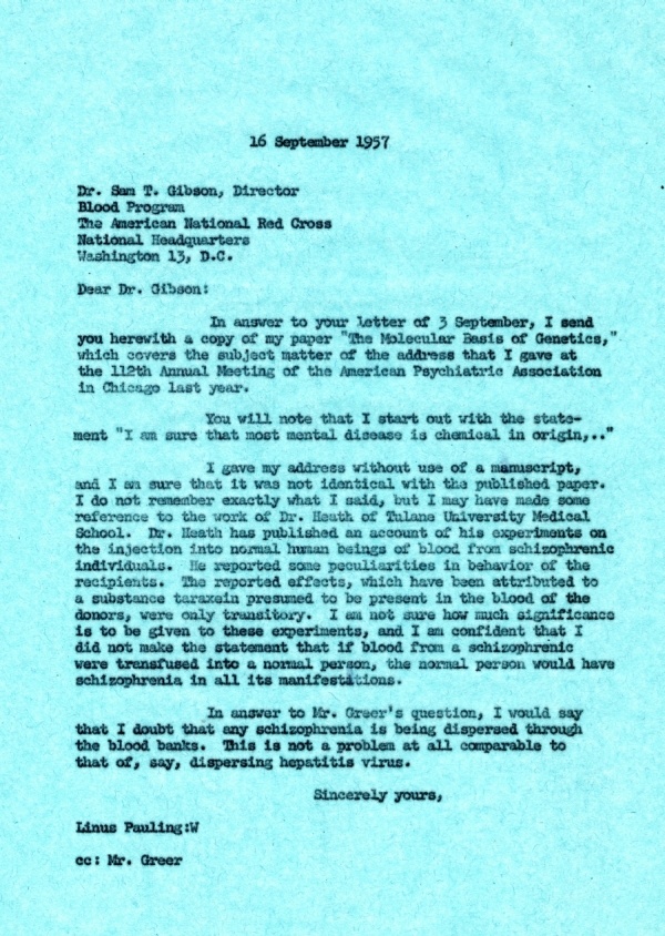 Letter from Linus Pauling to Sam T. Gibson. Page 1. September 16, 1957