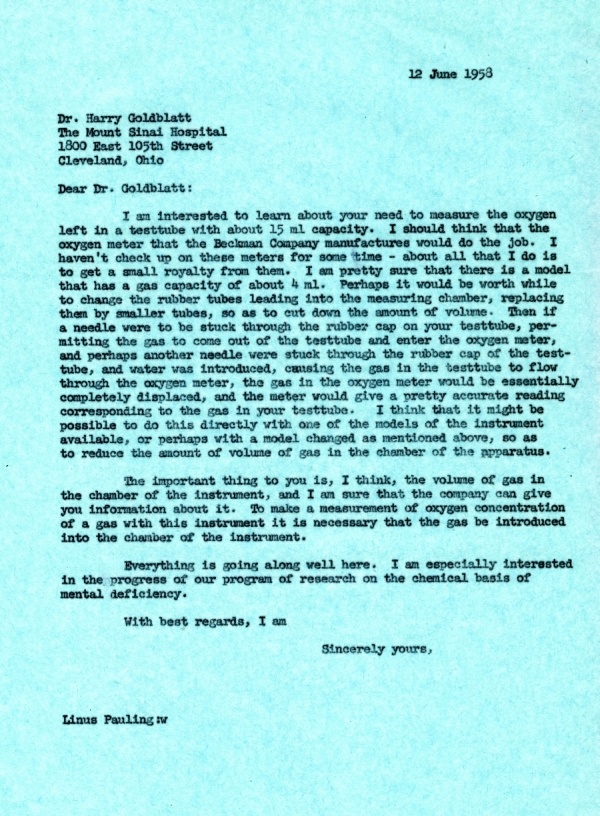 Letter from Linus Pauling to Harry Goldblatt. Page 1. June 12, 1958