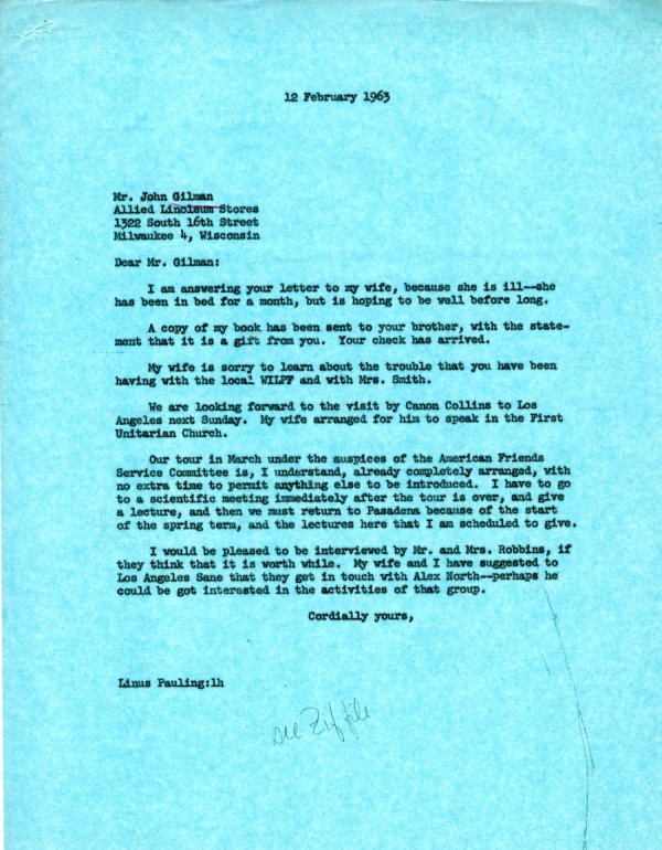 Letter from Linus Pauling to John Gilman. Page 1. February 12, 1963
