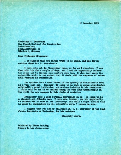 Letter from Linus Pauling to W. Grassman. Page 1. November 26, 1963