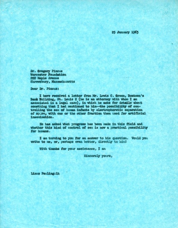 Letter from Linus Pauling to Gregory Pincus. Page 1. January 25, 1963