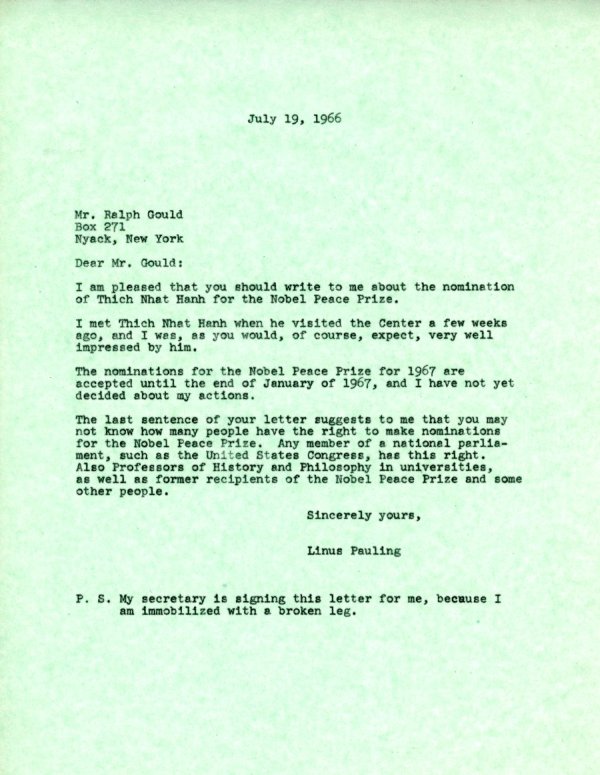 Letter from Linus Pauling to Ralph Gould. Page 1. July 19, 1966