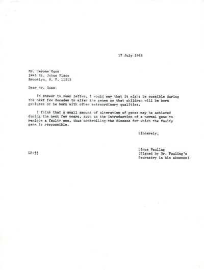Letter from Linus Pauling to Jerome Guss. Page 1. July 17, 1968